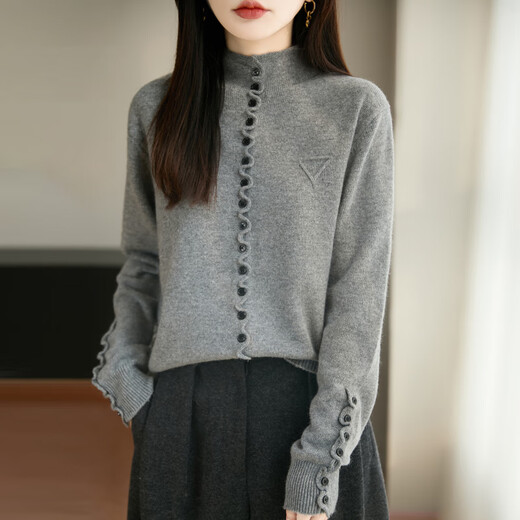 La Chapelle French old money style lace button design sweater for women 2025 autumn and winter thickened warm and stylish bottoming sweater dark gray L recommended 110-130Jin Jin equals 0.5 kg