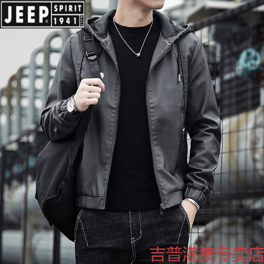 JEEP SPIRIT handsome leather jacket men's hooded slim fit trendy American retro 2025 new leather jacket autumn and winter motorcycle suit 2207 black 2XL