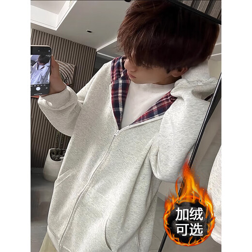 Du Xiaoxian's spliced plaid hooded cardigan and sweatshirt for men for spring and autumn vacation two-piece American fashion brand heavy stiff zipper jacket white gray plus velvet L Recommended 100-120 Jin Jin equals 0.5 kg