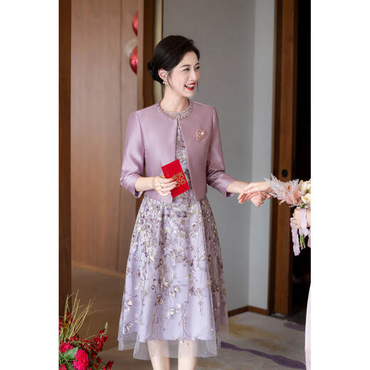Fat Donglai's same style Chinese mother's wedding dress two-piece noble mother-in-law's wedding banquet dress cheongsam wedding dress small lilac suit 2XL