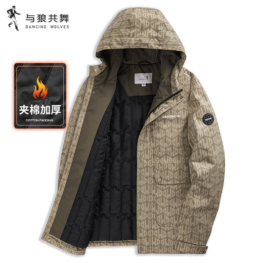 Dances with Wolves, quilted lining, stylish lettering printed all over lightweight jacket, warm men's hooded jacket, 701 Khaki 2XL