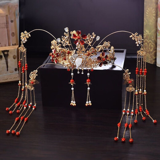 Meng Junchen bridal costume headwear phoenix crown and show dress accessories round hair crown Chinese wedding tassel hair accessories phoenix crown + earring clip