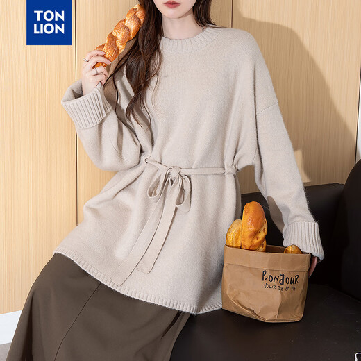 TonLion Women's New Autumn and Winter Loose Solid Color Pullover Jacket Temperament-style Belt Design Long Pullover Apricot Gray S