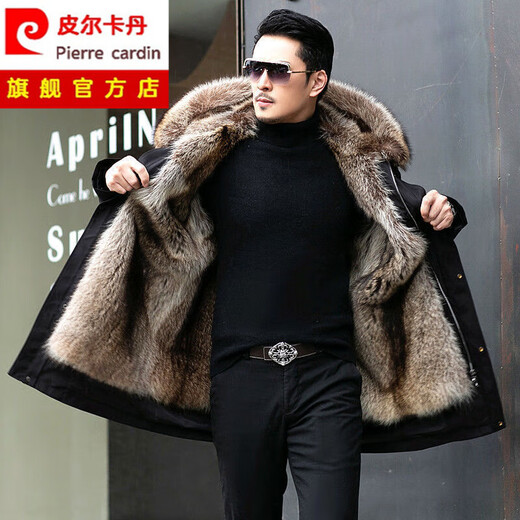 Pierre Cardin parka men's full mink lining spring and autumn new fur one-piece coat imitation mink velvet mid-length fur coat black + ginger lining 3XL