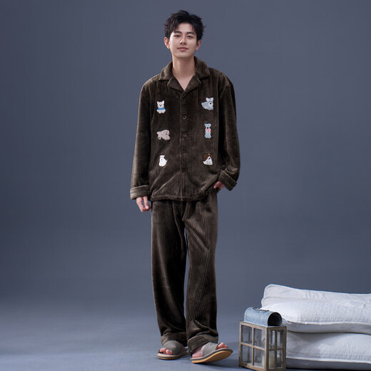 Princess Mark flannel couple pajamas for women in winter cute puppy thickened velvet cartoon autumn and winter home clothes for men HZR92954-cute dog couple men's XL