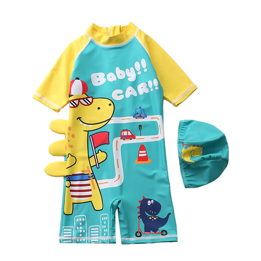 New children's swimsuit boy suit boy one-piece child small, medium and large children's swimsuit baby sun protection swimsuit dark green_white cloud green dinosaur 165 S_(70-80cm_15-20Jin Jin equals 0.5 kg)