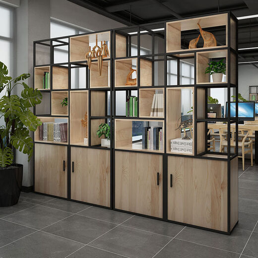 He Jiangong American loft floor-standing multi-layer storage cabinet industrial style iron storage rack with door display rack solid wood partition bookcase 80*25*200cm