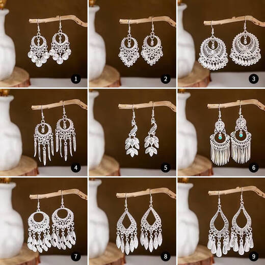 
Eryi national style earrings retro style earrings a few silver jewelry headdresses Miao Bai ethnic group Dali Miao village silver jewelry Miao silver earrings E16864. Color