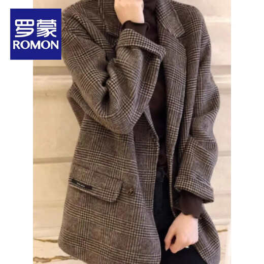 ROMON plus size women's 2025 spring and autumn style plaid suit woolen coat thickened quilted mid-length woolen coat brown 3XL (recommended 160-180Jin Jin equals 0.5 kg)