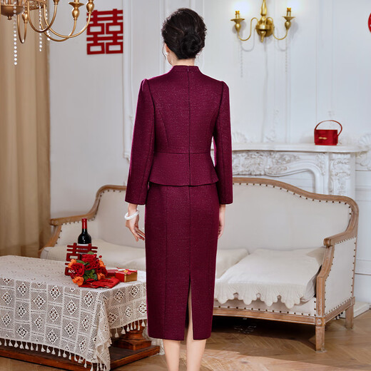 Fumini high-end mother-in-law wedding banquet evening dress fake two-piece wool dress autumn and winter wear mother's wear wedding wedding dress purple L