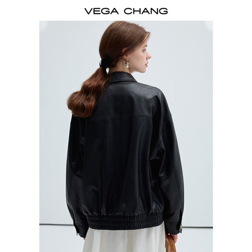 VEGA CHANG Black Leather Jacket Women's Autumn Small American Retro Versatile Leather Jacket Motorcycle Black S