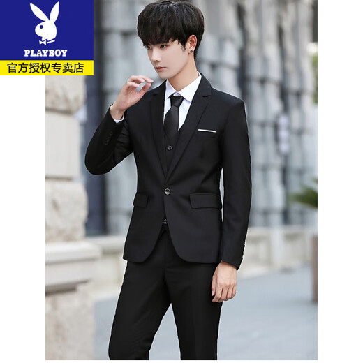 Playboy formal suit suit men's slim and handsome Korean style business jacket black student casual groomsman wedding small suit 1 button black, suit + pants + tie XL (recommended 110-123 Jin Jin equals 0.5 kg)