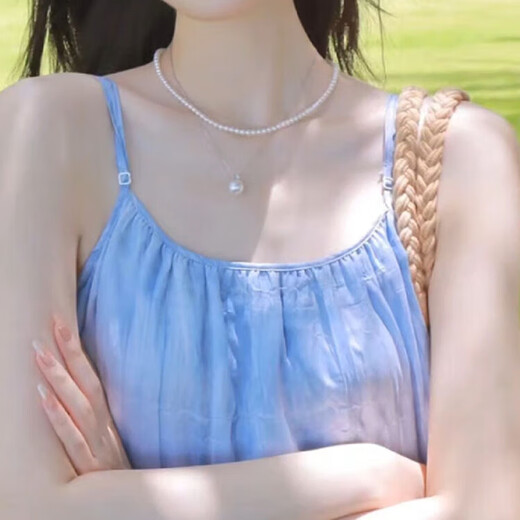 MHFDO Princess Style Pearl Pendant S925 Silver Princess Diana Style Perfect Round Aurora Natural Freshwater Pearl Necklace for Women Stackable 8-9mm