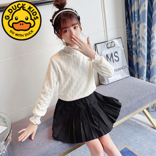 G.duck girls lace bottoming shirt autumn 2023 new autumn and winter plus velvet fashionable half turtleneck top for middle-aged and older children trendy beige color thin section 140 cm (recommended 42-55Jin Jin equals 0.5 kg) 8-9 years old