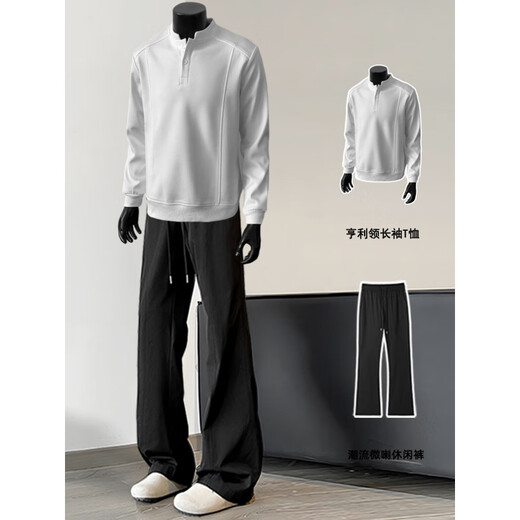 Zhaoxun Hangzhou ASUS Apparel Henley shirt men's long-sleeved T-shirt autumn and winter velvet thickened sweatshirt suit men's trendy and handsome white sweatshirt M 90-115Jin Jin equals 0.5 kg