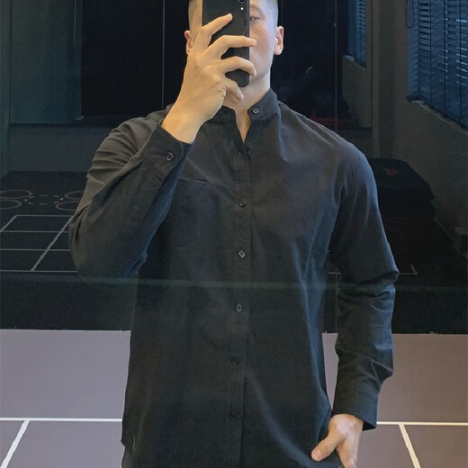 Urban commuting Japanese retro Henry collar cotton shirt long-sleeved T-shirt men's casual shirt black M