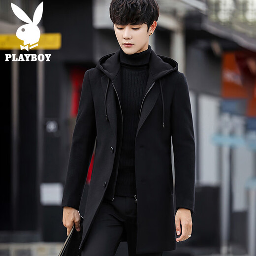 Playboy (PLAYBOY) windbreaker jacket men's winter mid-length new casual Korean style plus velvet warm coat men's versatile hooded woolen coat black black hat L