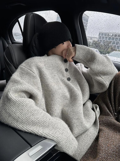 Muwei American retro Henry collar knitted sweater men's autumn cleanfit lazy style high-end woolen jacket Gray XL recommended 125-140Jin Jin equals 0.5 kg