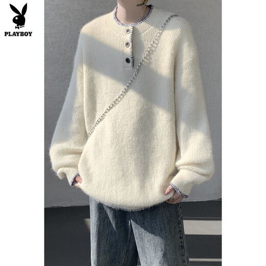 Playboy niche design Henry collar sweater for women and men, autumn and winter retro atmosphere loose pullover sweater for couple, off-white M