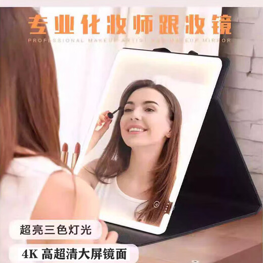 CURRAN KOUMAH Portable LED Makeup Mirror with Light Folding Rechargeable Makeup Artist Follow-Up Large Fill-Light Mirror Black Leather Case Zipper Model 10000 mAh Ultra Clear