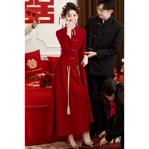 Spring Man Toast Wear Bride Burgundy Chinese Engagement Dress Home Casual Wear 2025 New Small Dress Suit Burgundy M
