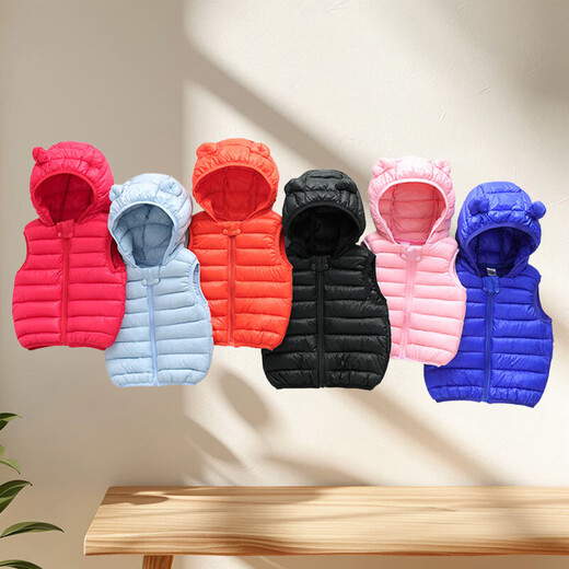 2025 Autumn and Winter New Products Children's Vest Down Cotton Baby Waistcoat Lightweight Vest Boys and Girls Hooded Jacket Light Blue 90 Height 75-85cm/Weight 25Jin Jin is equal to within 0.5 kg