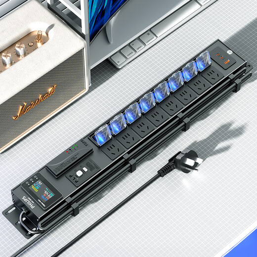 Philips (PHILIPS) PDU plug-in strip gaming desktop socket filter plug-in strip audio lightning protection anti-surge leakage protection socket rotating bracket sub-control 10 sockets 1.5 flat wire diameter free cable manager + traceless nails