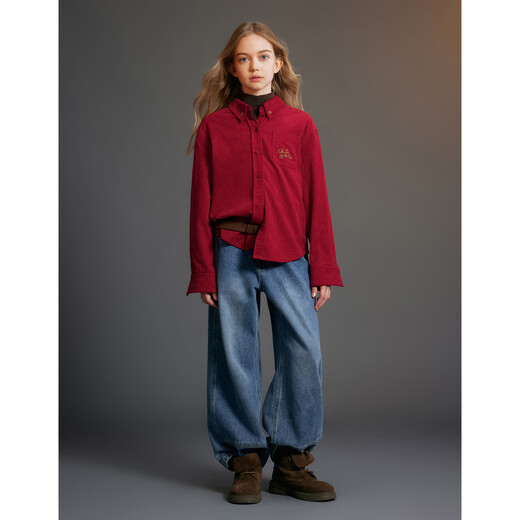 ELLE KIDS Children's Clothing Contrast Color Embroidered Long Sleeve Horse Year New Year Red Shirt Girls Autumn and Winter Corduroy Casual Versatile Top New Year Red 120 (110/120)