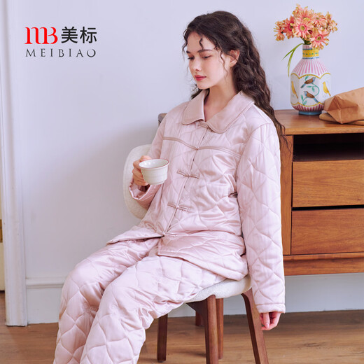 American Standard autumn and winter new three-layer thickened quilted couple's silk pajamas set casual silk women's mulberry silk home clothes for men withered rose (silk quilted) M