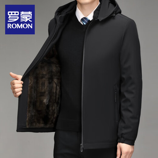 ROMON coat autumn men's middle-aged dad wear detachable hood casual jacket men's winter jacket plus velvet top navy blue regular XL 130-145Jin Jin equals 0.5 kg