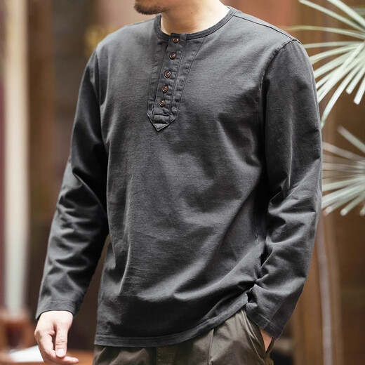 ROMON high-end long-sleeved T-shirt for men 2025 autumn and winter new pure cotton loose and versatile tough guy Henry collar bottoming shirt top for men 2315 glacier gray T-shirt L size suitable for 140-160Jin Jin equals 0.5 kg