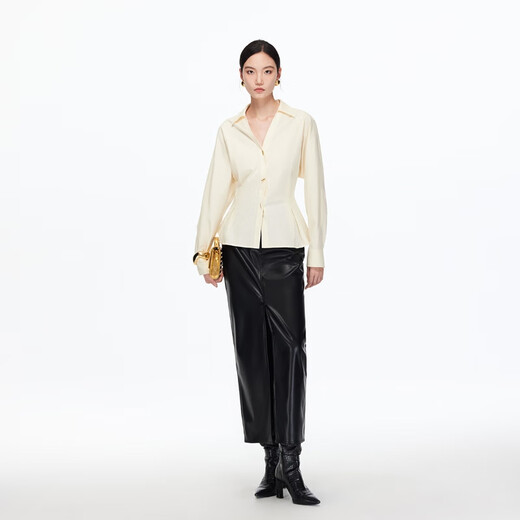 VEROMODA shirt 2025 winter new style pure cotton V-neck waist solid color simple top commuting fashion honey milk white XS