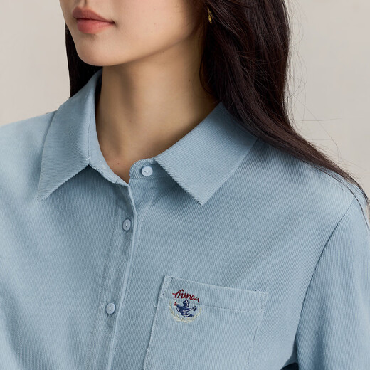 INMAN pure cotton simple commuter long-sleeved shirt for women 2025 autumn retro embroidered loose lapel corduroy shirt light aqua XL