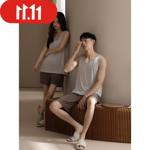 都市丽人【凉感】莫代尔情侣睡衣女夏季无袖背心男士宽松青少年家居服套装 女款-M5218_短袖短裤 2XL