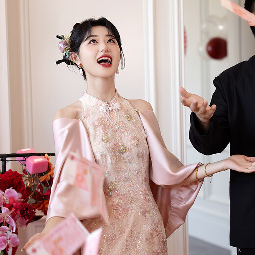 Grosfairy pink high-end toast dress cheongsam for women 2025 new new Chinese style engagement dress bride wedding dressing gown for women red S