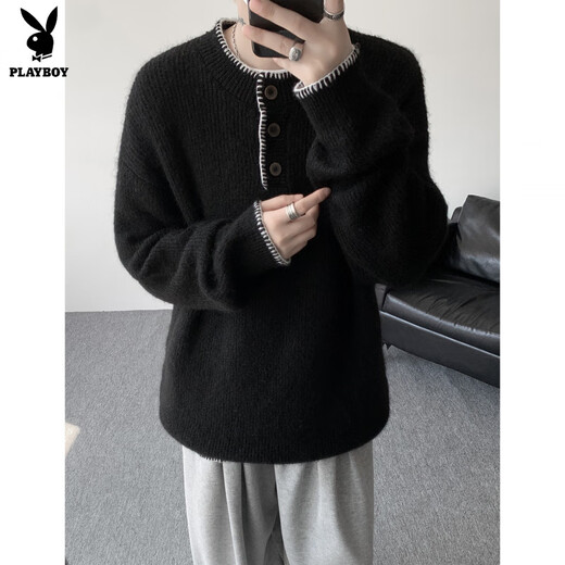 Playboy niche design Henry collar sweater for women and men, autumn and winter retro atmosphere loose pullover sweater for couple, off-white M