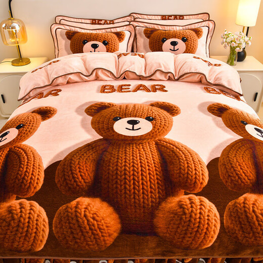 Winter thickened milk velvet four-piece bed skirt style coral velvet gold mink velvet quilt cover double-sided flannel bedding KT Bear bed sheet hanging edge style 1.8 four-piece set-quilt cover 200*230cm