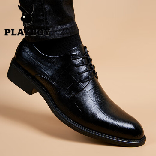 Playboy Men's Shoes 2025 New British Style Casual Wedding Leather Shoes Men's Business Formal Work Work Trendy Shoes Smooth Leather Black 40