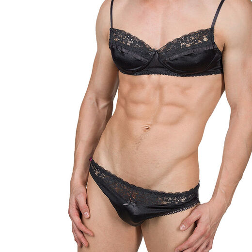 Men's sexy underwear cd transvestite women's cross-dressing bra sexy thong lace suspenders stockings underwear mysterious black single underwear mysterious black S75A90-125Jin Jin equals 0.5 kg 162-174