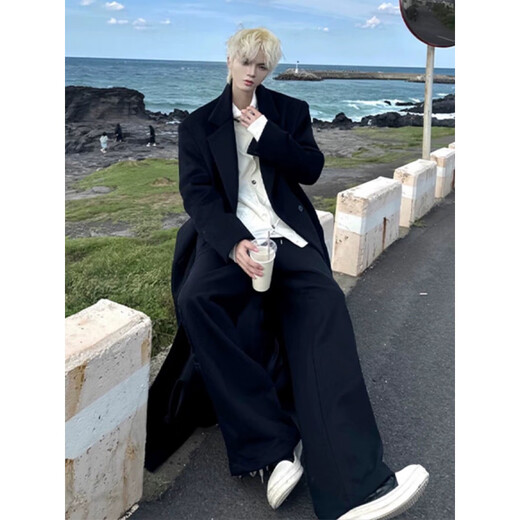 Nuevo abrigo cálido cruzado con cuello de traje de lana de otoño e invierno de Ivansby, abrigo grueso de estilo perezoso, cortavientos por encima de la rodilla para hombre, algodón negro 3XL