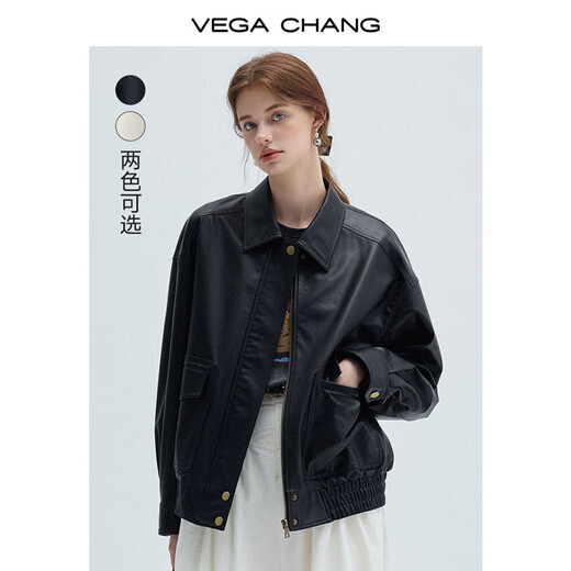 VEGA CHANG Black Leather Jacket Women's Autumn Small American Retro Versatile Leather Jacket Motorcycle Black S