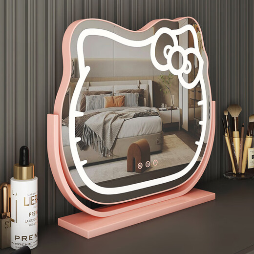 Mirror Kitty Makeup Mirror LED Desktop with Lights Smart Rechargeable Bedroom Makeup Mirror Hello Kitty Internet Celebrity Mirror Cat Large Milky White_Rechargeable Model