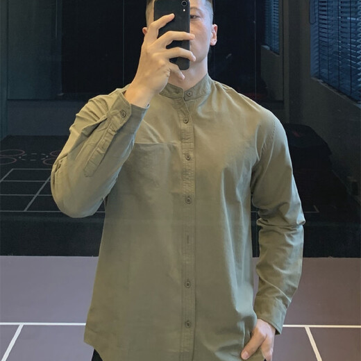 Urban commuting Japanese retro Henry collar cotton shirt long-sleeved T-shirt men's casual shirt black M