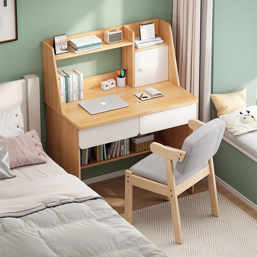 Simple desk bookshelf integrated student writing study table small apartment bedroom home office desktop computer table 80cm Nordic maple color