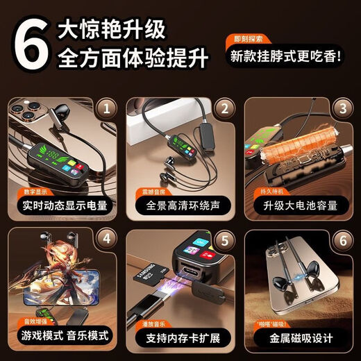 Hanging neck style Bluetooth 5.4 headphones, sports, ultra-long battery life, passive noise reduction, built-in digital display, noise reduction, sports NZ-02, black - top version - Bluetooth 5.4 + no sense of delay