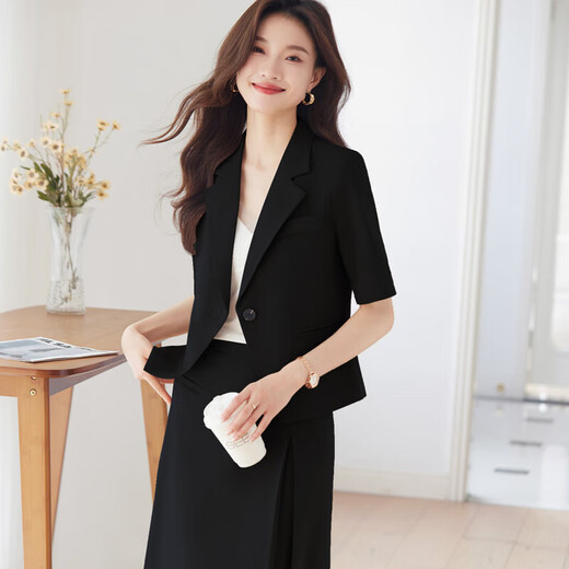 蓝色短款西装套装裙女薄款夏季小个子高级感气质职业西服外套短袖 粉色 单件外套（Ki826） 2XL