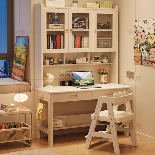 Guijiayuan all solid wood desk study table and chair desk bookcase integrated bookshelf living room desk computer bedroom writing table original white desk + back chair A length, width and height 120*60*195cm desktop thickness 2.2cm