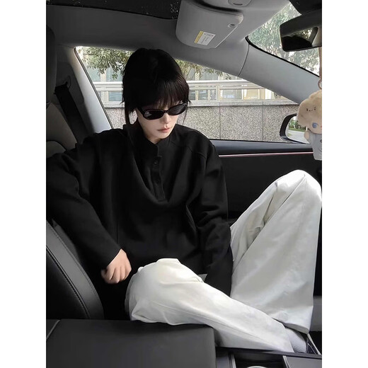 Luard American vintage Henry collar sweatshirt men's autumn high street casual retro long-sleeved loose shoulder polo shirt black XL