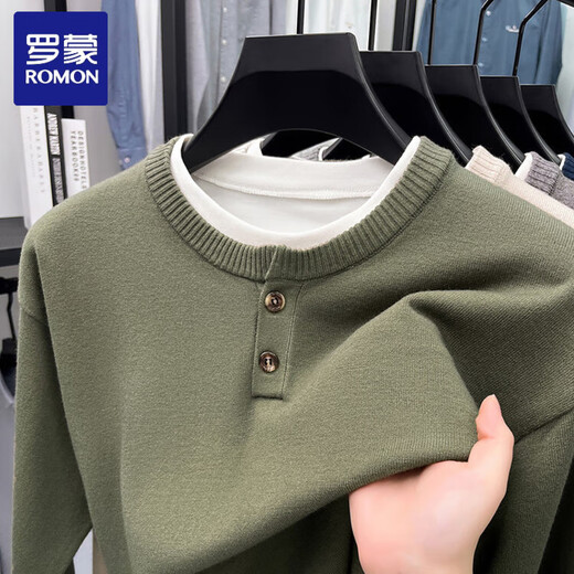 ROMON casual henley collar long-sleeved fake two-piece sweater for men 2025 autumn new fashion versatile crew neck sweater gray one size 48