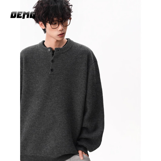 OEMG American retro Henry collar sweater men's autumn and winter thickened warm top sweater long-sleeved base coat dark gray XL recommended 110-130Jin Jin equals 0.5 kg